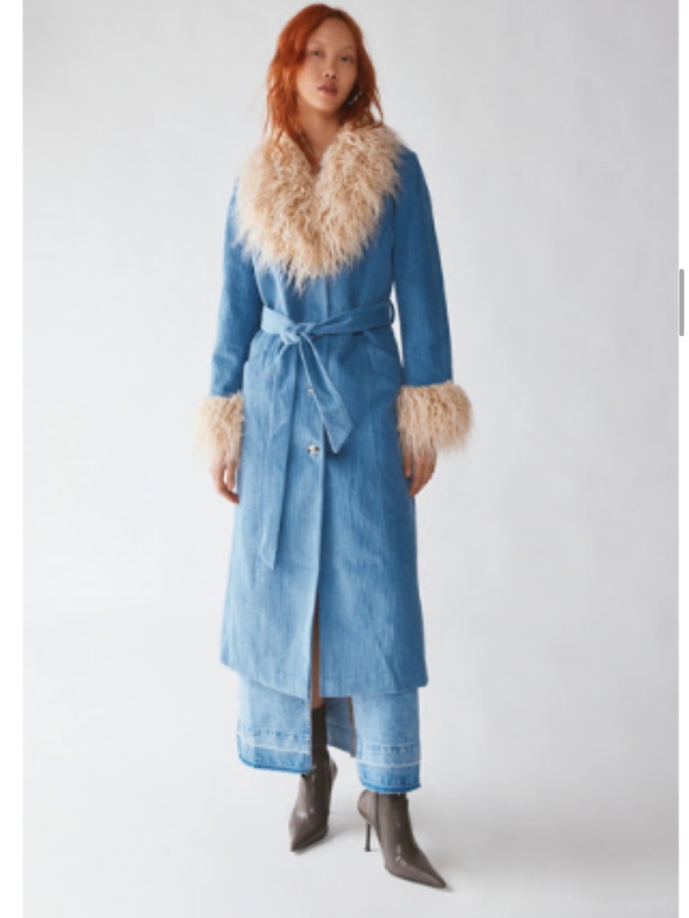 Blue Corduroy Long Coat with Beige Faux Fur Trim